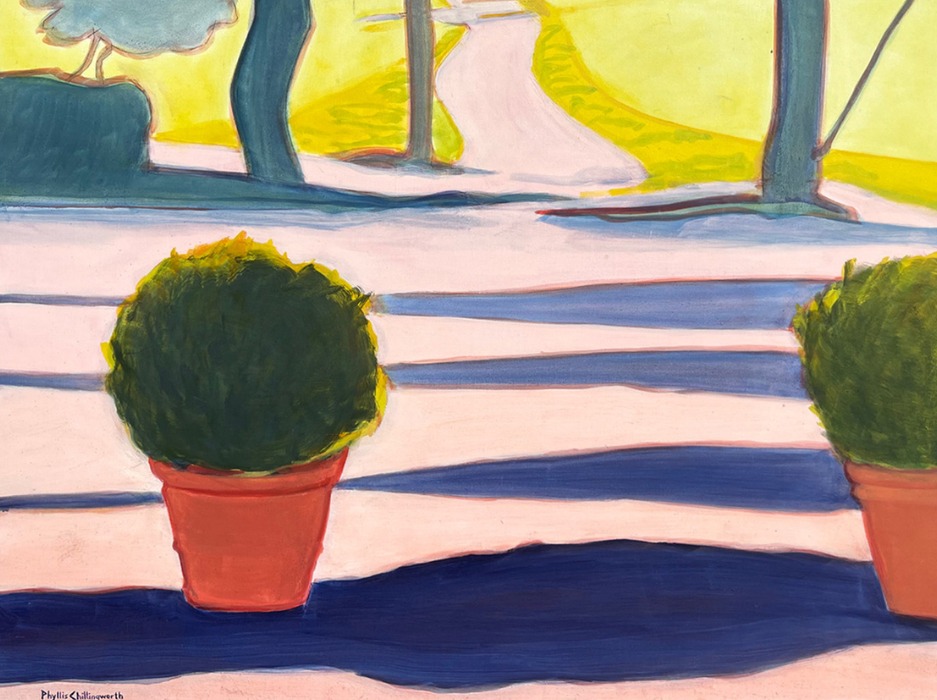 Potted topiary on a garden path, oil painting by Phyllis Chillingworth